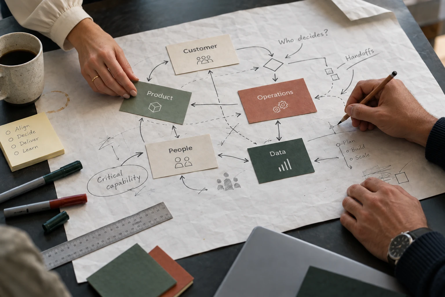 Two people mapping decisions, roles and handoffs together