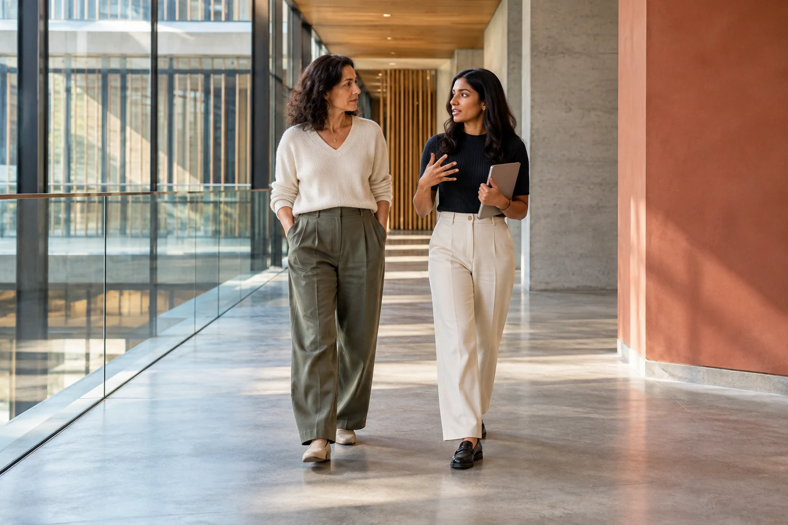 Two colleagues having a performance conversation while walking