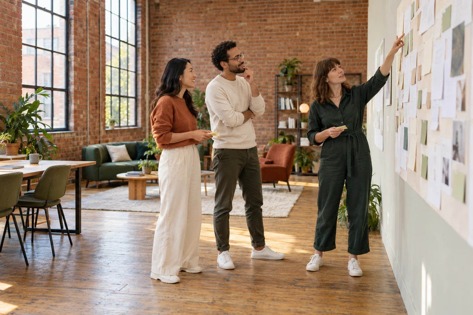 Three colleagues working through ideas together at a workshop wall